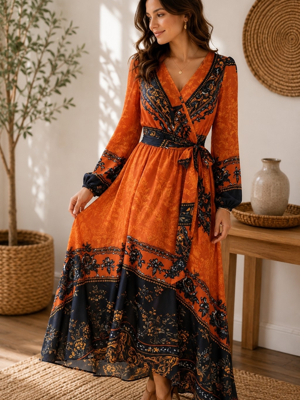 Bohemian Boutique NIB Wrap Midi Dress - Orange Floral Sz M